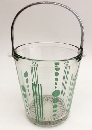 Vintage Green Painted Glass ICE BUCKET Hammered Handle Barware Art Deco 2