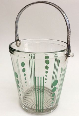 Vintage Green Painted Glass ICE BUCKET Hammered Handle Barware Art Deco 3