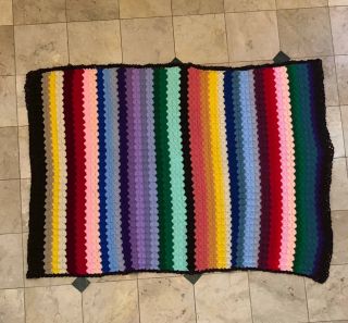 Vintage Hand Crochet Retro Rainbow Multi Colored Striped 64 X 46 Afghan/blanket