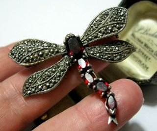 Vintage Sterling Silver Marcasite Garnet Articulated Dragonfly Shawl Pin Brooch