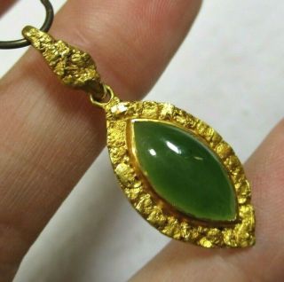 Vintage Ljh 10k Yellow Gold Nugget Alaskan Green Jade Pendant,  1 3/8 " 3.  1g