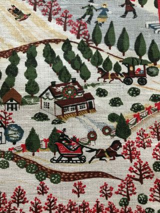 Vintage Christmas Tea Towel Snow Sleigh Ride Tree Ski Slope