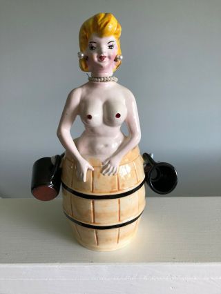Vintage Naked Lady In A Barrel Decanter With 4 Drinking Cups.  Ceramic.