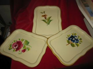 Vintage Set Of 3 Hand Painted Floral Metal Tray 