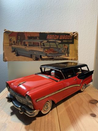 Vintage Tin Litho 1957 Ford Station Wagon Friction Tin Toy Car Bandai Japan Box