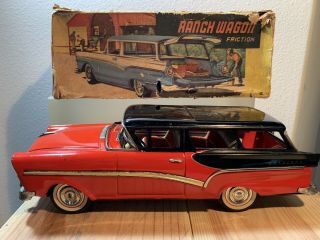 Vintage Tin Litho 1957 Ford Station Wagon Friction Tin Toy Car Bandai Japan Box 2