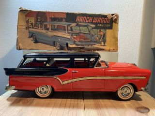Vintage Tin Litho 1957 Ford Station Wagon Friction Tin Toy Car Bandai Japan Box 3