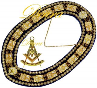 Past Master Masonic Collar Deluxe Rhinestone Blue Whit Backing Gold Jewel Pmp - 88