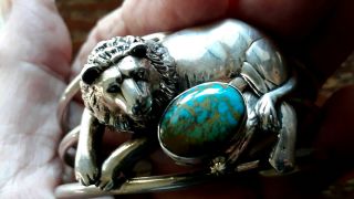 Vintage Native American Sterling Silver Lion Turquoise Signed Wide Cuff Bracelet