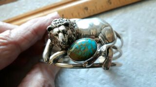 Vintage Native American Sterling Silver LION Turquoise Signed Wide Cuff Bracelet 2