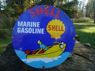 Vintage Shell Marine Gasoline Porcelain Gas Pump Sign Great Colors Boat Sea