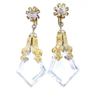 Miriam Haskell Fleur De Lis Huge 2.  5 " Glass Crystal Dangle Earrings