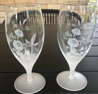 Vtg Set (2) Avon 24 Lead Crystal Hummingbird Water Goblet Wine Glasses Frosted