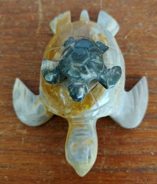 Gem Stone Carved Sea Turtle With Offspring 3.  5 Inchit Looks Like Quartz