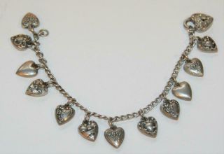 Walter Lampl Sterling Silver Puffy Heart Lock And 12 Charms Estate Bracelet A,