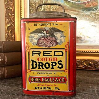 Antique Advertising Tin Can Bone Eagle & Co Red Cough Drops 5lbs
