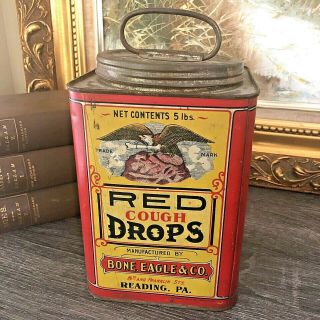 Antique Advertising Tin Can Bone Eagle & Co Red Cough Drops 5lbs 2