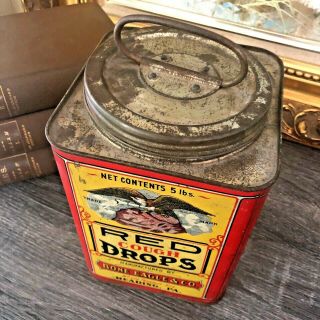 Antique Advertising Tin Can Bone Eagle & Co Red Cough Drops 5lbs 3