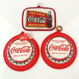Ice Cold Coca Cola Adv Red White Kitchen Pot Holders Hot Pads 1990 Set Of 3