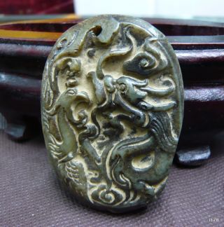 Chinese Antique Old Jade Swaying Dragon&phoenix Love Big Pendant Totem Carving
