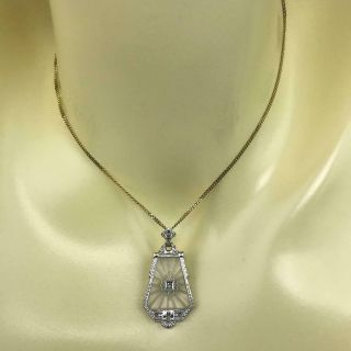 Antique Art Deco Flapper Camphor Glass Diamond,  14k White Gold Filigree Pendant