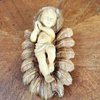 Vintage Holy Land Figurine Hand Carved Olive Wood Baby Jesus Christ In Manger