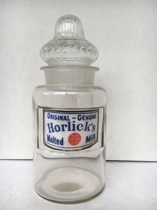Vintage Horlick’s Soda Fountain Glass Malted Milk Jar With Lid Store Display