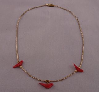 Vintage Native American Handmade Gold Tone Carved Shell Fetish Bird Necklace N11