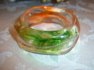 Vintage Reverse Carved Green & Orange Feather Lucite Bangle Bracelet