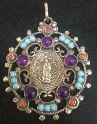 Vintage Matl Style Our Lady Of Guadalupe Sterling Silver Gemstone Pendant