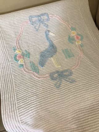 Vintage Chenille Baby Blanket Crib Bedspread Peacock