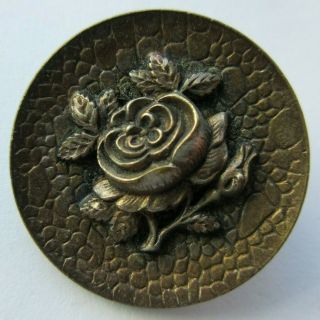 Large Antique Vtg Victorian Metal Picture Button Flower Design (m)