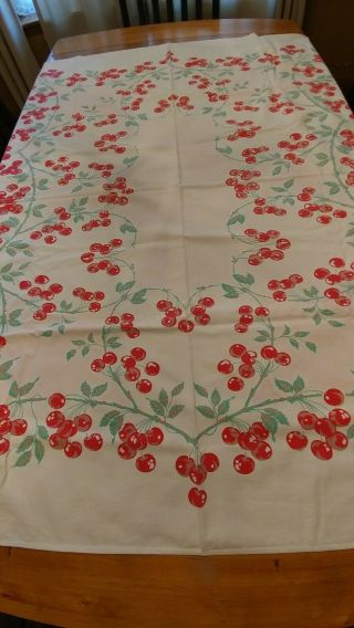 Vintage Middle Century 52x58 Tablecloth Cherries Pattern On White.  Heavy Cotton.