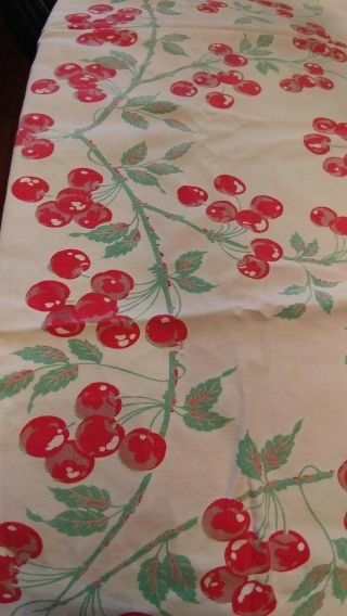 Vintage middle century 52x58 Tablecloth Cherries pattern on white.  Heavy cotton. 2