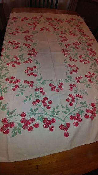 Vintage middle century 52x58 Tablecloth Cherries pattern on white.  Heavy cotton. 3