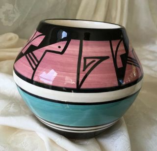 Donna Bancroft Signed Pot Ute Mountain Native American Pottery Pink Aqua Ivory
