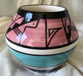Donna Bancroft Signed Pot Ute Mountain Native American Pottery Pink Aqua Ivory 2