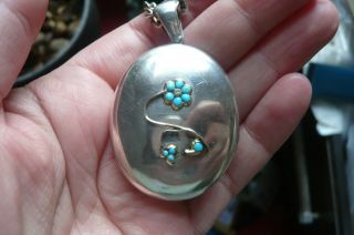 Victorian Turquoise,  Diamond And Silver Locket With Silver Chain