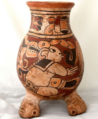Large Pre Columbian Hand Painted Clay Pottery 11 " X 7 "