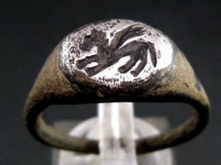 Extremely Rare Silver Inlaid Intaglio Seal Greek Bronze Ring,  Pegasus,