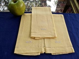 3 Dainty Vintage Autumn Yellow Pure Linen Bath Hand Towels Monogram Mls