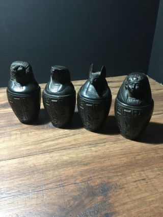 Ancient Egyptian Set Of 4 Canopic Jars (old Kingdom) Black