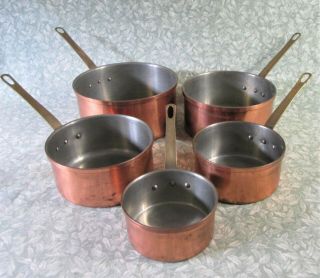 Vintage Set 5 Copper Aluminium Saucepans 2.  3 Kg Brass Handles 12 - 20 Cm