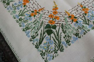 Vintage Beige Linen Tablecloth 42x44 Hand Embroidered Wildflowers At The Fence