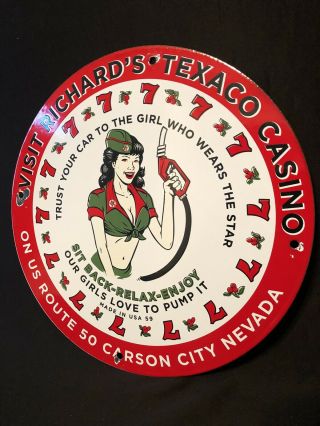 Vintage Porcelain Texaco Pinup Pump Plate Sign Marked “59” Route 66 Casino