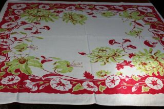 Vintage Cotton Kitchen Tablecloth 50s Morning Glories & More 36x42