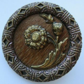 Xl Antique Vtg Wood Back Metal Picture Button Ornate Flower (n)