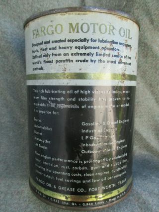OLD VINTAGE FARGO MOTOR OIL TIN 1 QUART CAN FORT WORTH TEXAS FULL 3