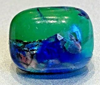 Antique Leo Popper Glass Button,  Green With Multi Colored Foil Key Shank,  9/16 "