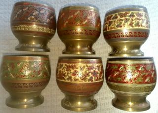 Vtg Etched Hand - Painted Footed Brass Cups Set/6 India Boho Gypsy Chic Christmas